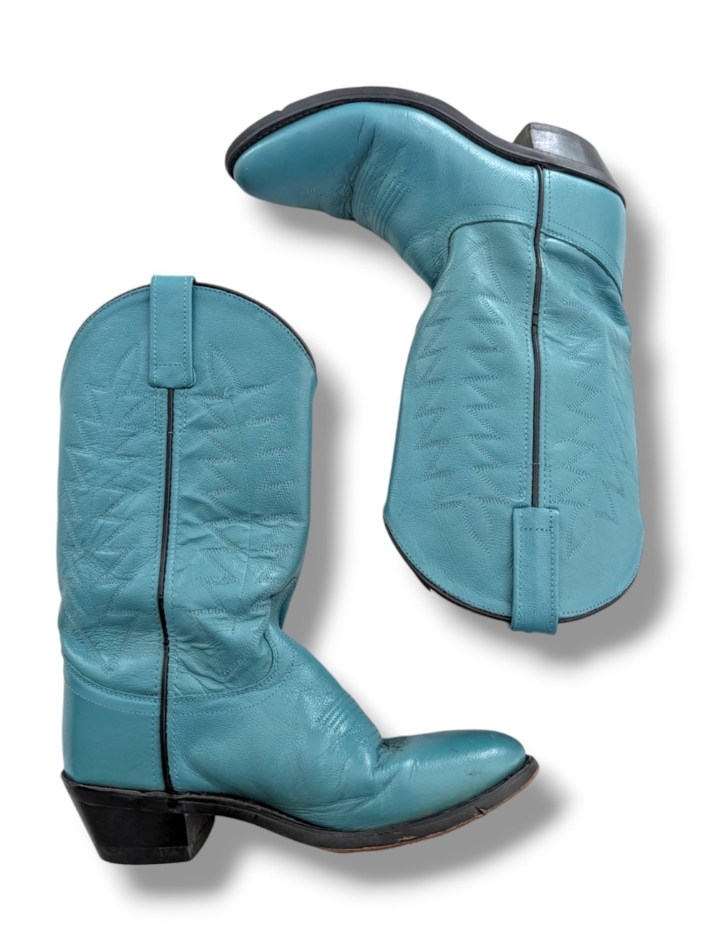 Vintage Old West Turquoise Leather Women's Heeled Cowboy Boots, Size 050 (5.5)